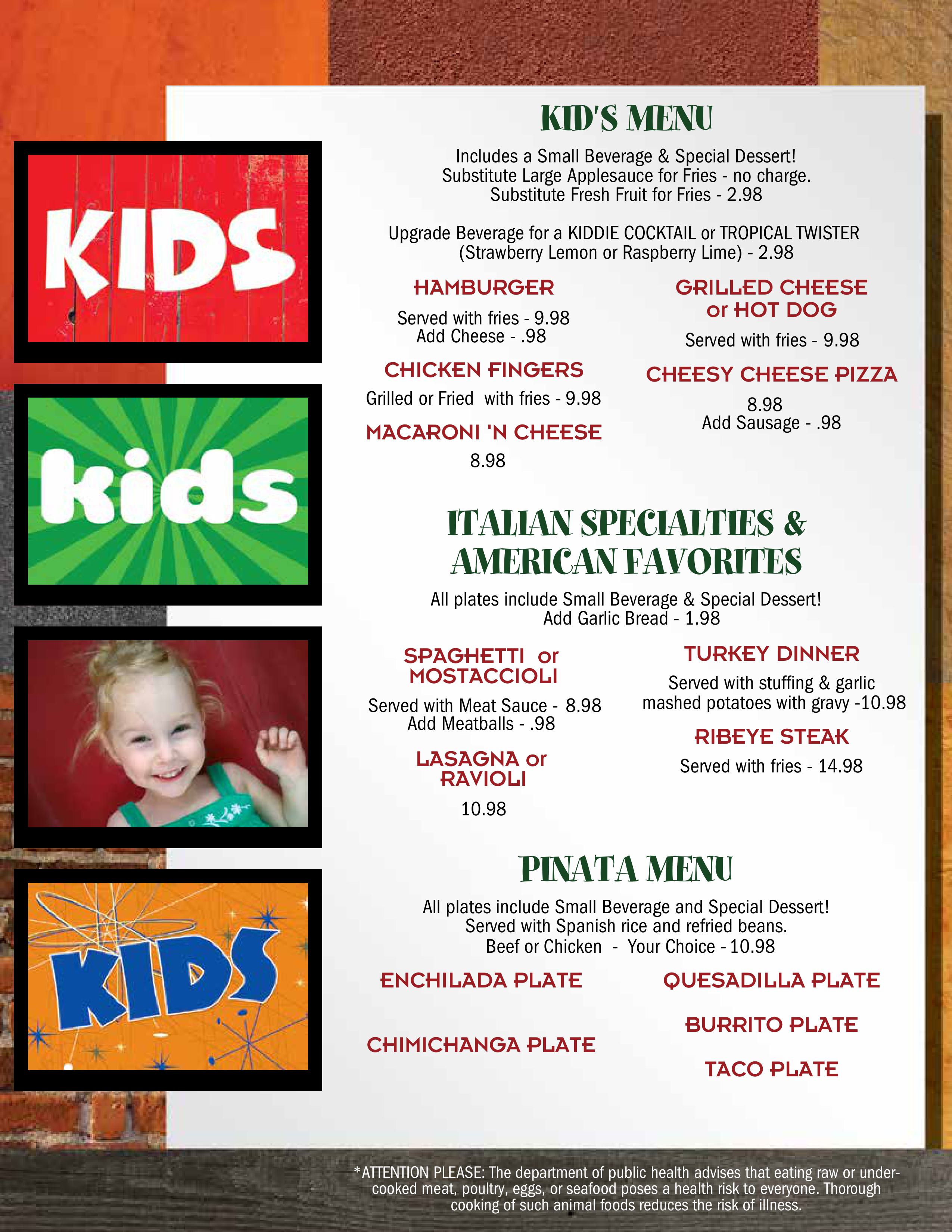 The kids menu for Amalia's Family Resturant